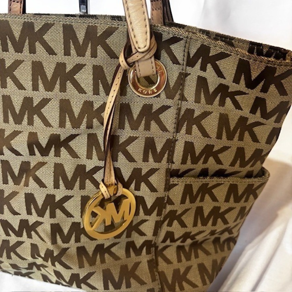 Michael Kors MK Logo Canvas Tote Bag Brown Tan Large Shoulder Bag - Picture 5 of 13